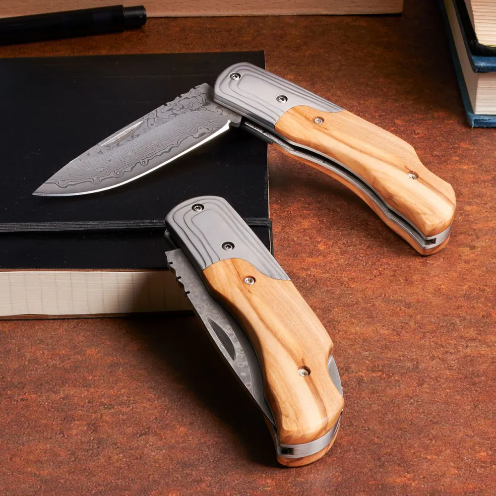 garrett-wade Damascus Blade & Olivewood Folding Clip Knife Sale