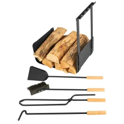 Garrett Wade 5-Piece Wood Black Fireplace Rack and Tools Set